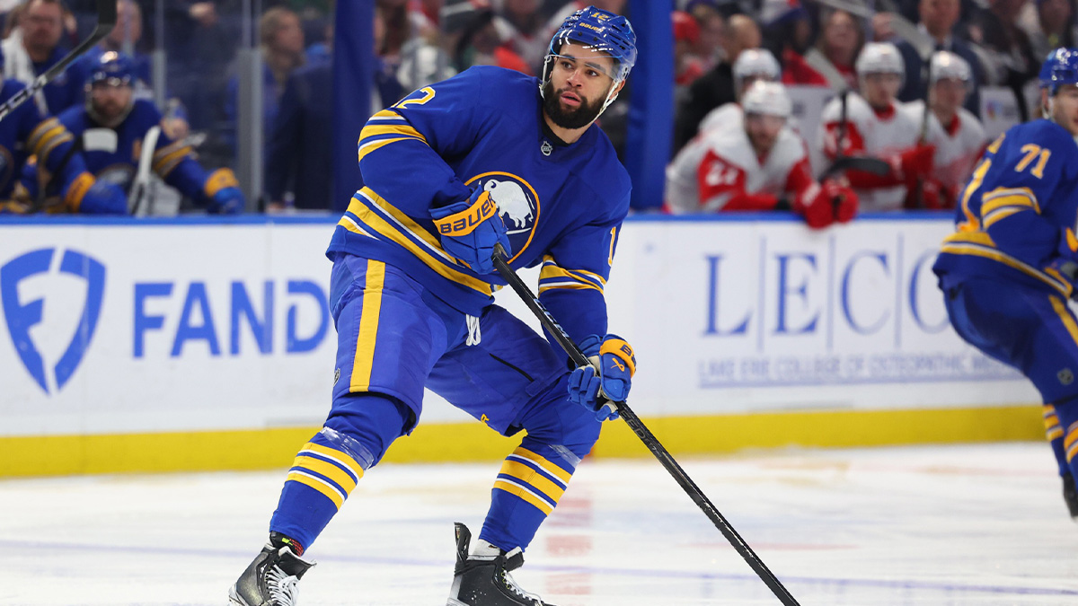 Buffalo Sabres left wing Jordan Greenway (12) looks for the puck during the third period against the Detroit Red Wings at KeyBank Center.