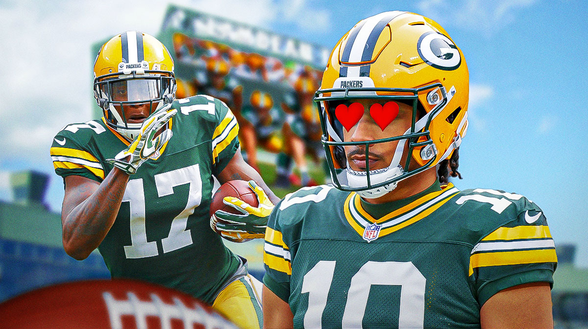 Jordan Love on one side with hearts in his eyes, Davante Adams on the other side