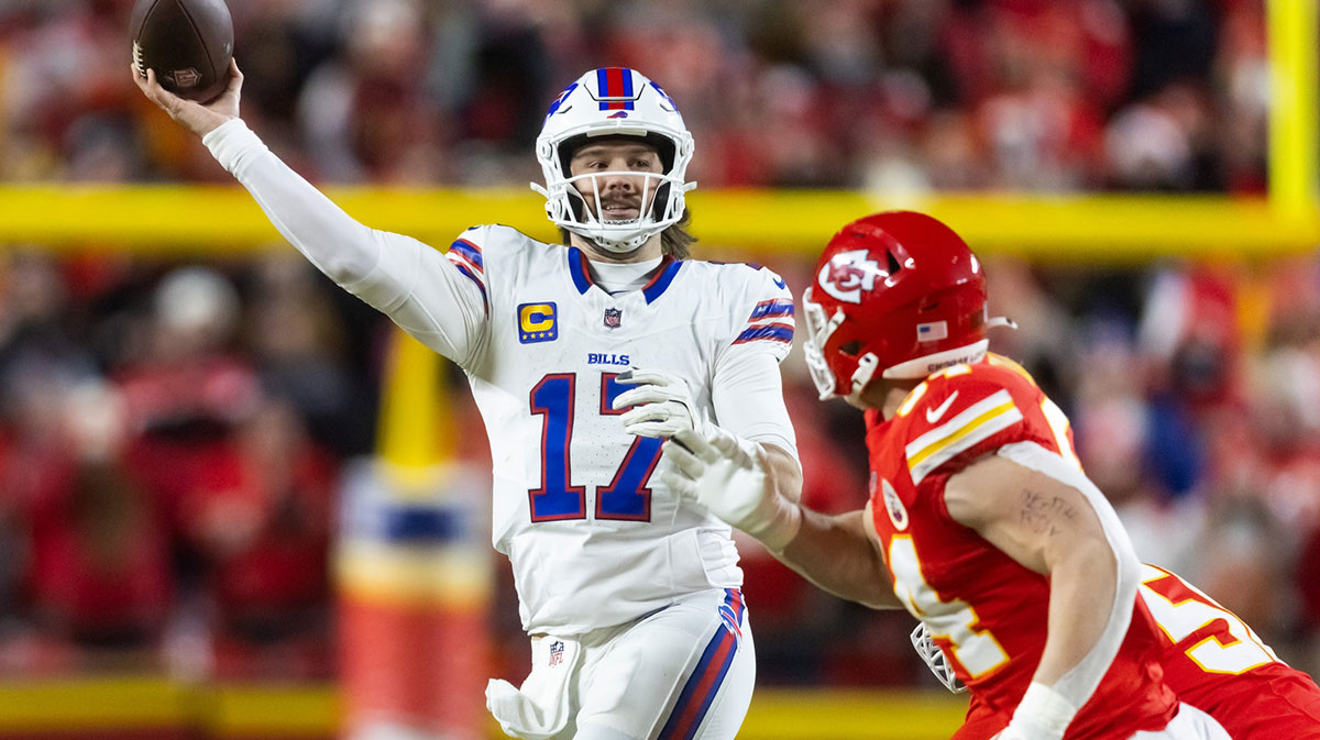 26. January 2025. years; Kansas City, Mo, USA; Buffalo Billps KomortIBack Josh Allen (17) Against heads of city in Kansas during the field of AFC field championships at Geha Stadium. 