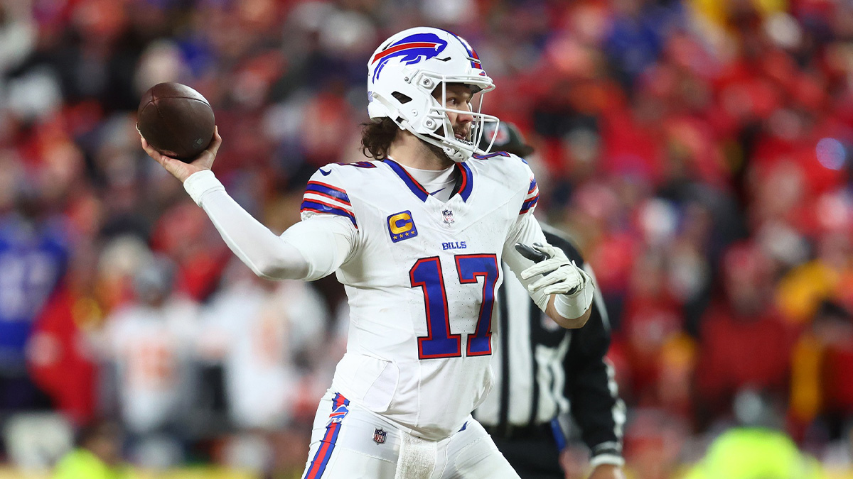 Buffalo Bills quarterback Josh Allen (17) drops back to pass against the Kansas City Chiefs during the first half in the AFC Championship game at GEHA Field at Arrowhead Stadium.