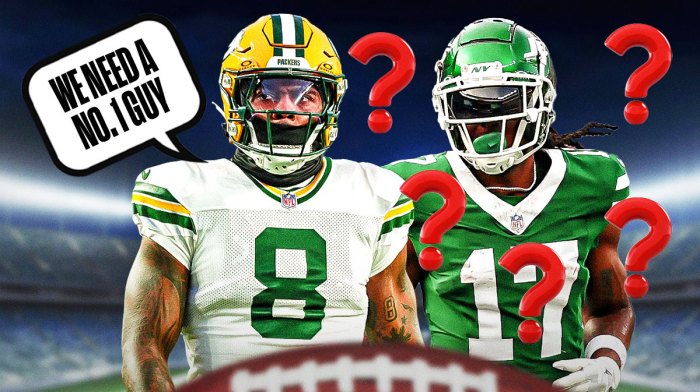 Packers running back Josh Jacobs with a thought bubble that says "We need a No. 1 guy" and a picture of Davante Adams is next to him, with question marks surrounding Adams.