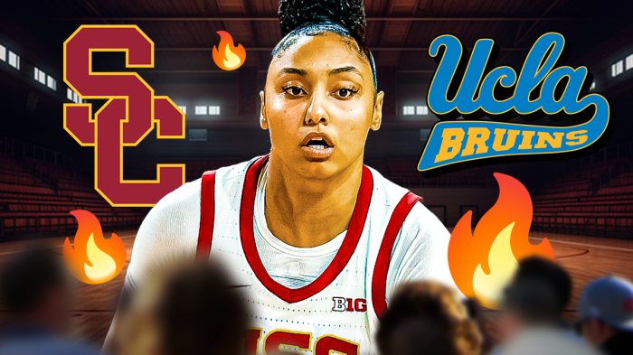 JuJu Watkins, USC Trojans and UCLA Bruins logos, fire symbols