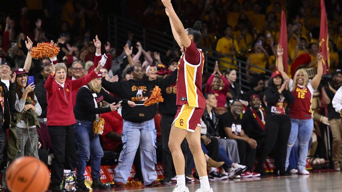 USC Trojans guard JuJu Watkins (12) celebrates as the clock runs out in the Trojans win over the UCLA Bruins at Galen Center.