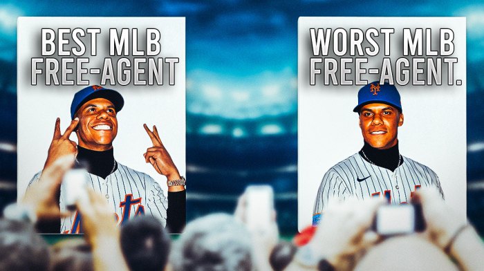 A column that says "Best MLB free-agent" and a column that says "Worst MLB free-agent." Inside of both of the columns, Juan Soto in a Mets jersey in both of those.