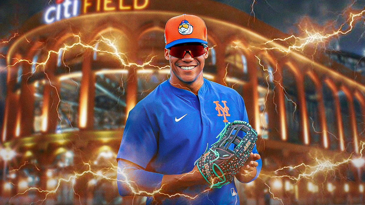 Mets star Juan Soto with waves of electricity surrounding him, Citi Field in back