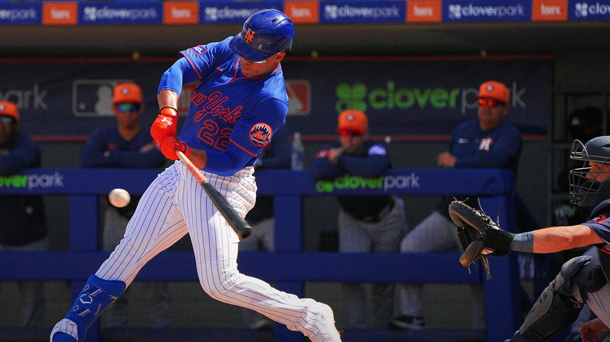 New York Mets outfielder Juan Soto (22) hits a home run in his first at bat for the Mets against the Houston Astros in the first inning at Clover Park.