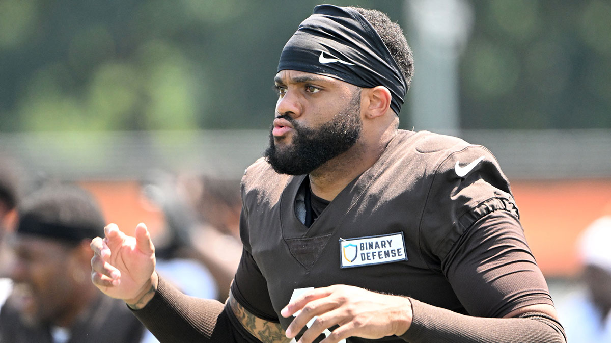 Cleveland Browns safety Juan Thornhill (1) during practice at the Browns training facility in Berea, Ohio.