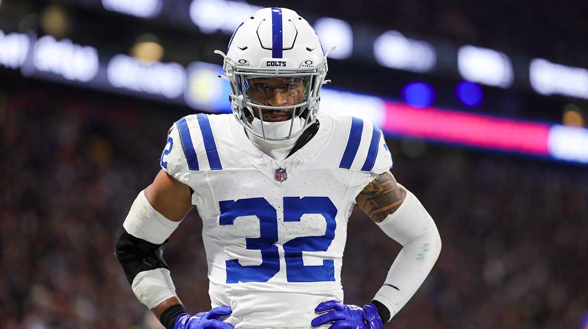 Indianapolis Colts safety Julian Blackmon (32) reacts after a play against the New England Patriots in the fourth quarter during an International Series game at Deutsche Bank Park.