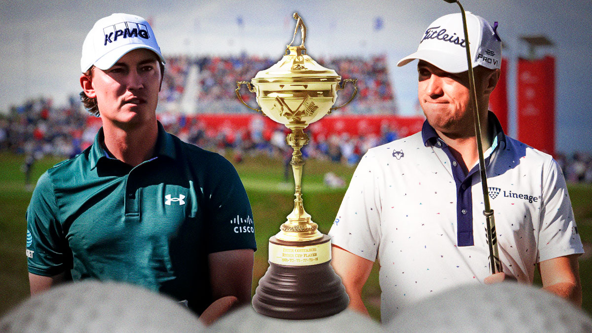 maverick mcnealy and justin thomas with ryder cup trophy