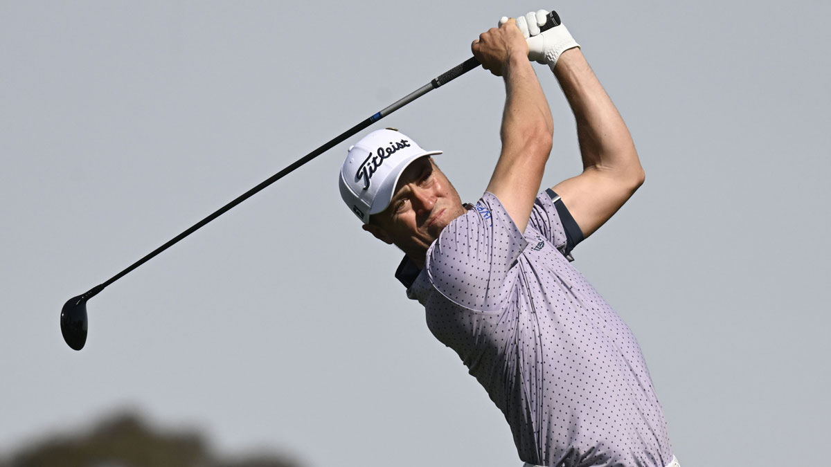 Justin Thomas hits his tee shot on the second hole during the final round of The Genesis Invitational golf tournament at Torrey Pines.