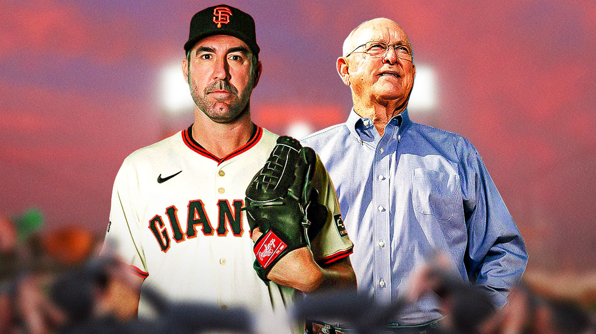 Giants' Justin Verlander, Hall of Famer Nolan Ryan, Oracle Park behind them