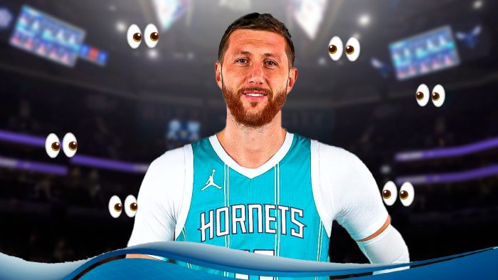 Image of Hornets Jusuf Nurkic smiling (wearing a Hornets jersey) eyes emoji next him