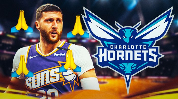 Suns Jusuf Nurkic with the folded hands emoji. Charlotte Hornets logo in the background