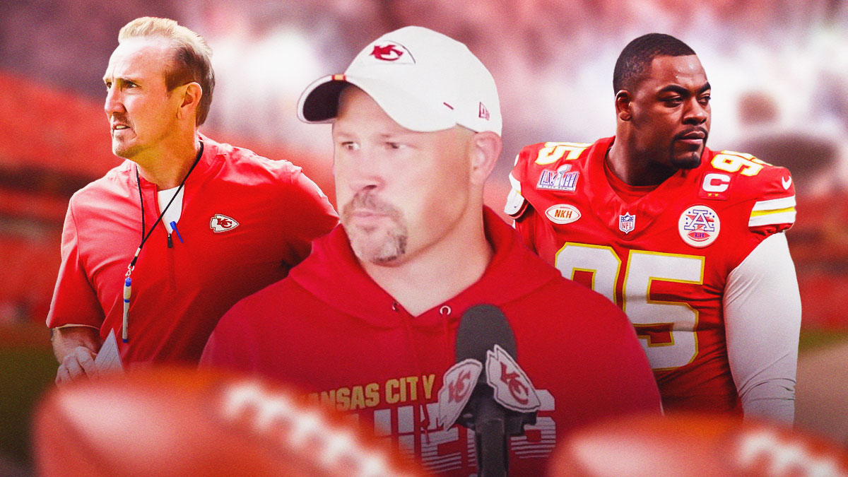 Chiefs DC Steve Spagnuolo and Chris Jones in a Kansas City Chiefs uniform with linebackers coach Matt House in between them.