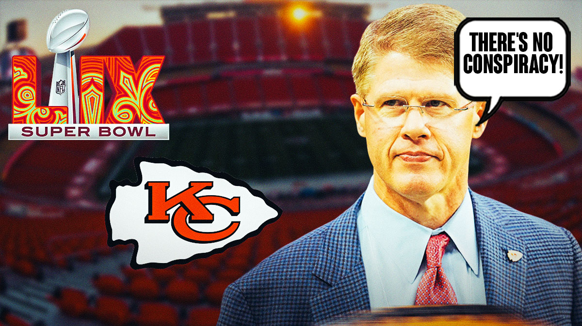 Kansas City Chiefs owner Clark Hunt with a speech bubble that says "There's no conspiracy!" There is also logos for Super Bowl 59 and the Kansas City Chiefs.