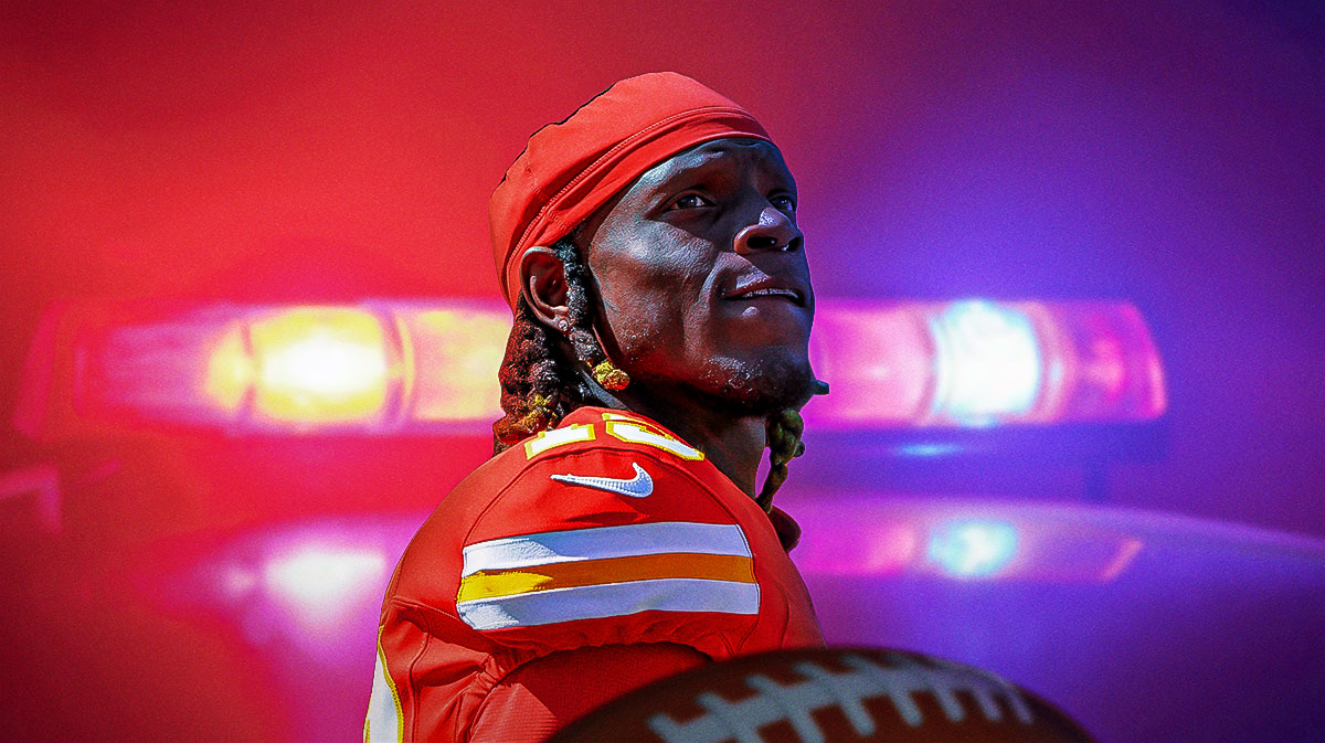 Kadarius Toney in a Kansas City Chiefs uniform with handcuffs and red/blue police lights after arrest.