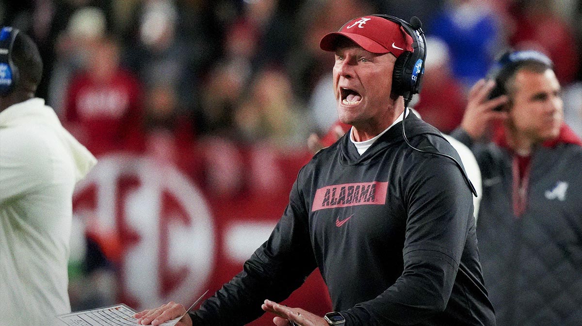 Alabama Crimson Tide head coach Kalen DeBoer is upset with officials after a Tide player was called for a personal foul during the second half against the Autumn Tigers at Bryant-Denny Stadium. Alabama won 28-14.