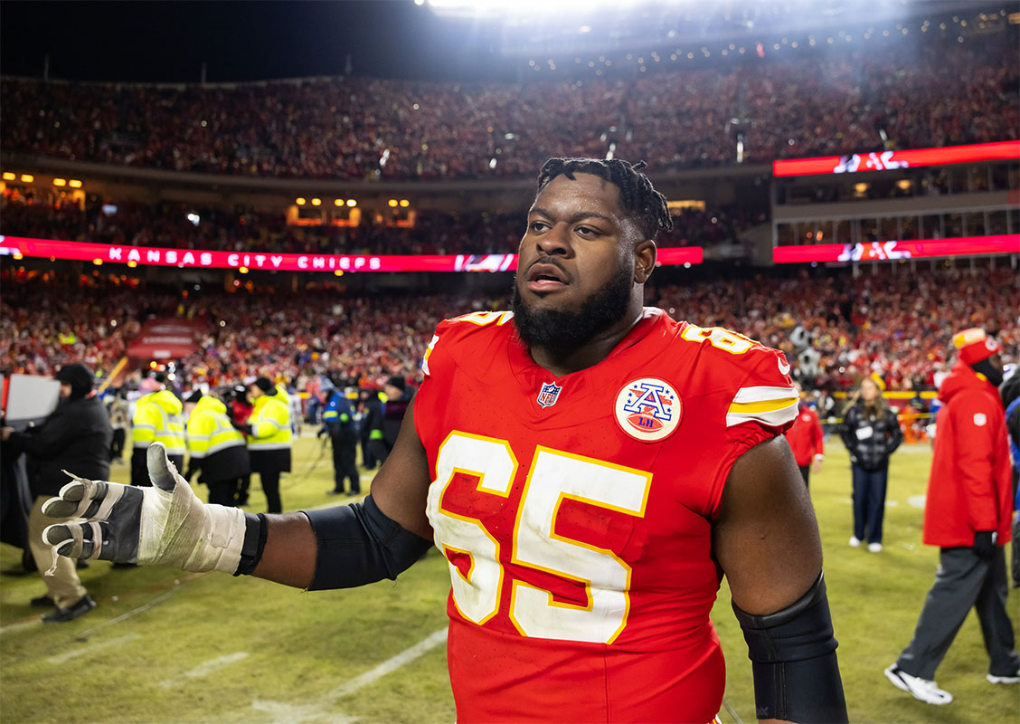 Kansas City Chiefs guard Trey Smith (65) against the Buffalo Bills in the AFC Championship game at GEHA Field at Arrowhead Stadium.
