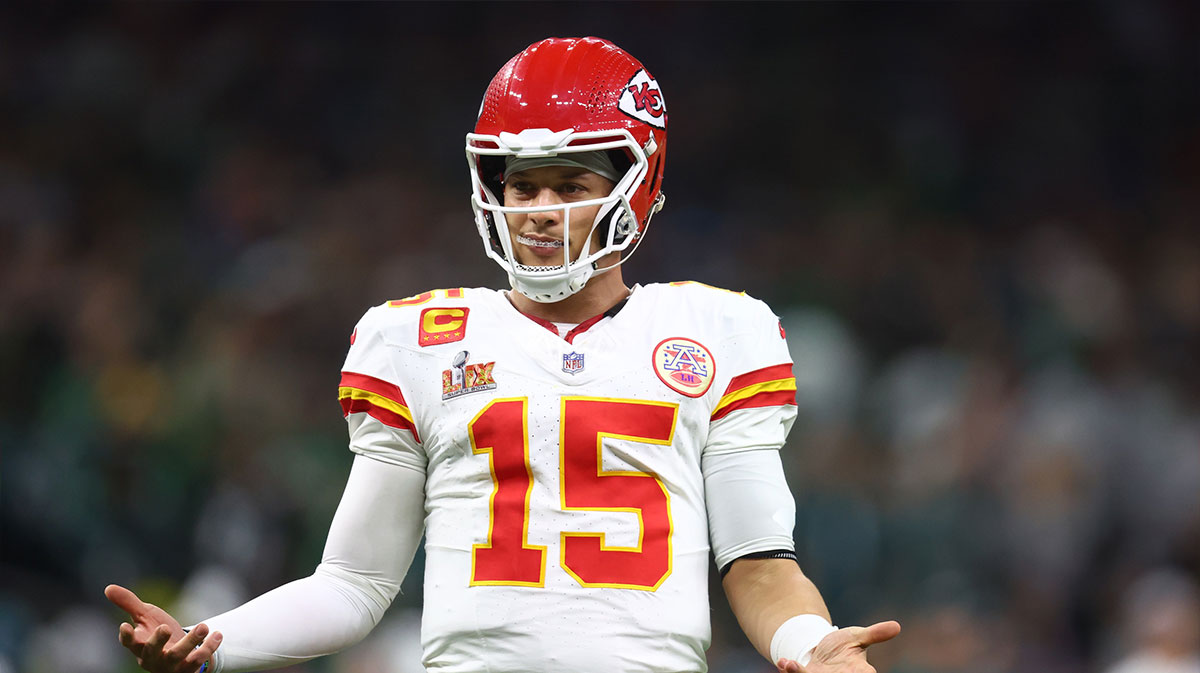 Kansas City Chiefs quarterback Patrick Mahomes (15) reacts in the fourth quarter against the Philadelphia Eagles in Super Bowl LIX at Ceasars Superdome.