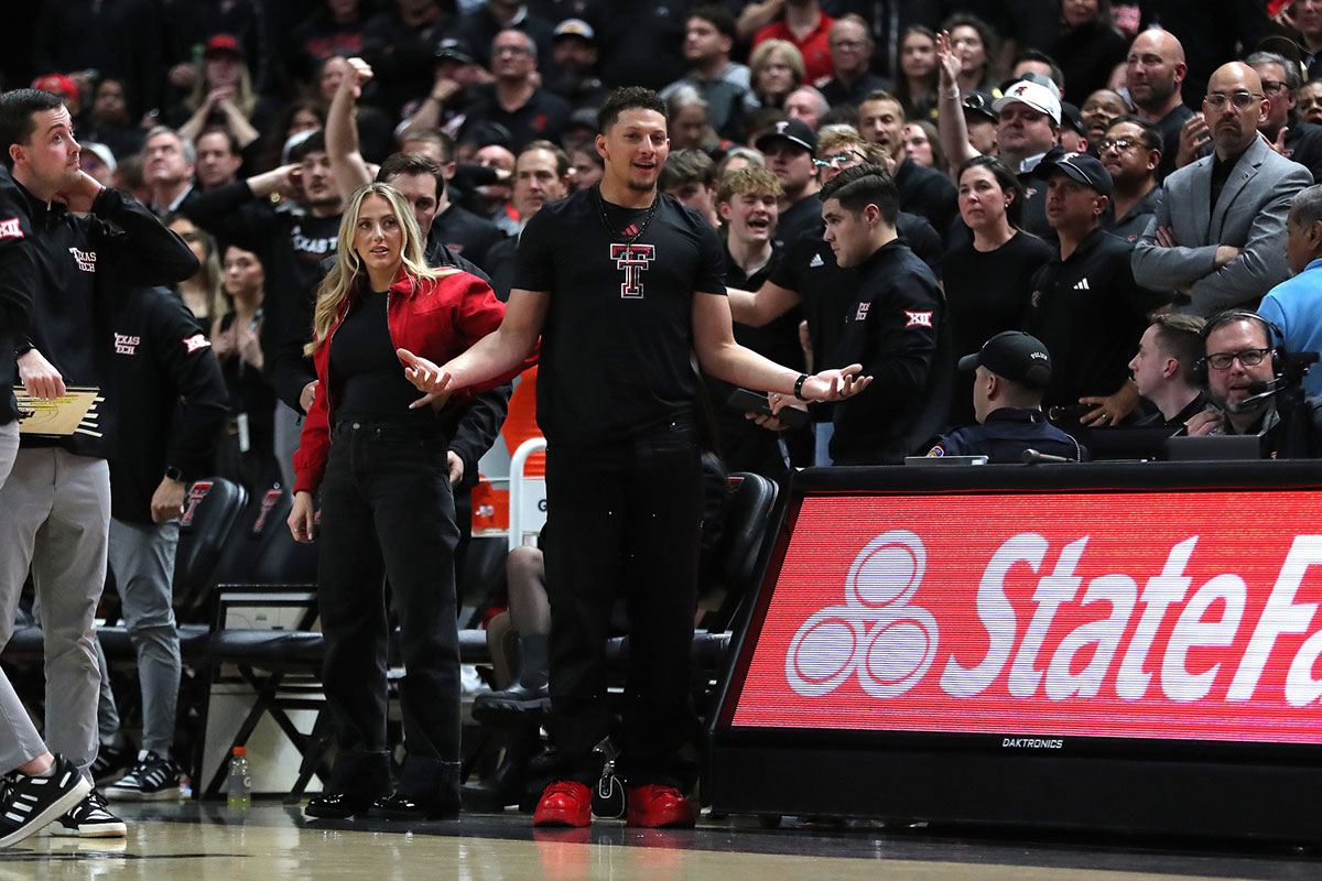 NFL Kansas City Chiefs player and Texas Tech Red Raiders alumni Patrick Mahomes II reacts to a call in the second half in the game against the Houston Cougars at United Supermarkets Arena. Mandatory Credit: Michael C. Johnson-Imagn Images