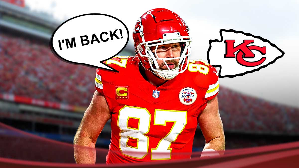 Featured Graphic idea: Image of Chiefs tight end Travis Kelce smiling and laughing with speech bubble next to him that says "I'm back!". Chiefs logo in background