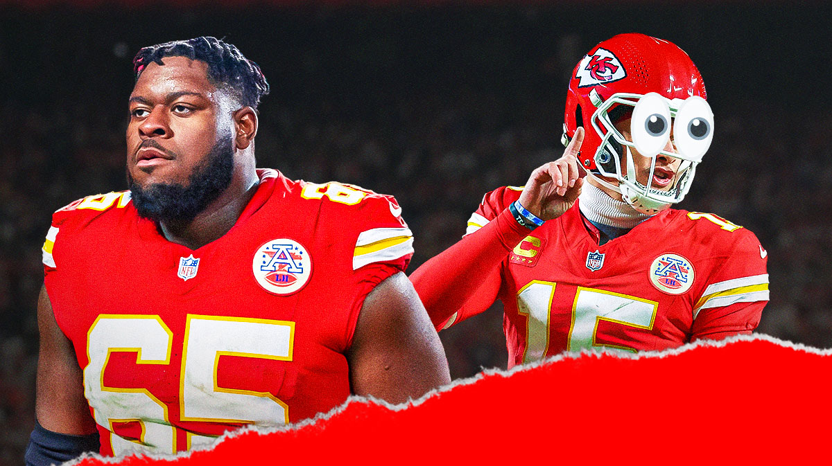 Kansas City Chiefs stars Trey Smith and Patrick Mahomes looking at him with big cartoon eyes in front of Arrowhead Stadium.