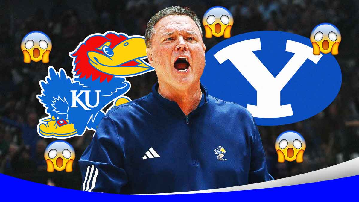 Bill Self, Kansas Jayhawks and BYU Cougars logos, shocked symbols