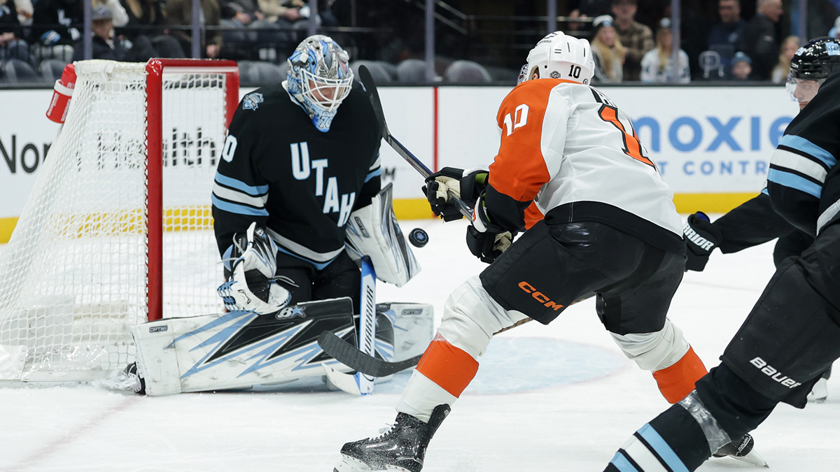 Philadelphia Flyers right wing Bobby Brink (10) shoots on Pak in Utah Hockey Club Goalman Karel Vejmelka (70) during the first period in Delta Centura. 