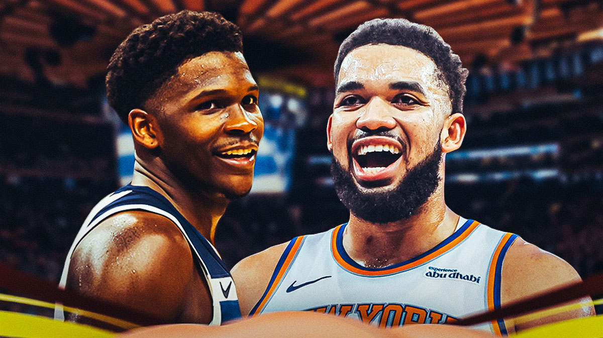 Karl-Anthony Towns dunking a basketball, with Anthony Edwards smiling next to him and a background of the Knicks home arena.
