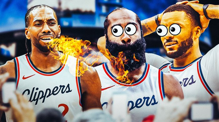 Kawhi Leonard on one side breathing fire, James Harden and Norman Powell on the other side with the big eyes emoji over their faces