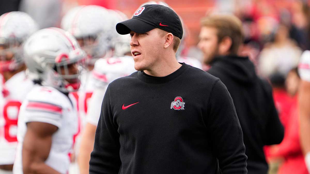 Nov 4, 2023; Piscataway, New Jersey, USA; Ohio State Buckeyes otight ends coach Keenan Bailey watches warm-ups prior to the NCAA football game against the Rutgers Scarlet Knights at SHI Stadium. Ohio State won 35-16.
