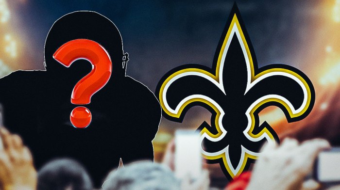 Eagles OC Kellen Moore next to a silhouette of an American football coach with a big question mark emoji inside. There is also a logo for the New Orlean Saints.