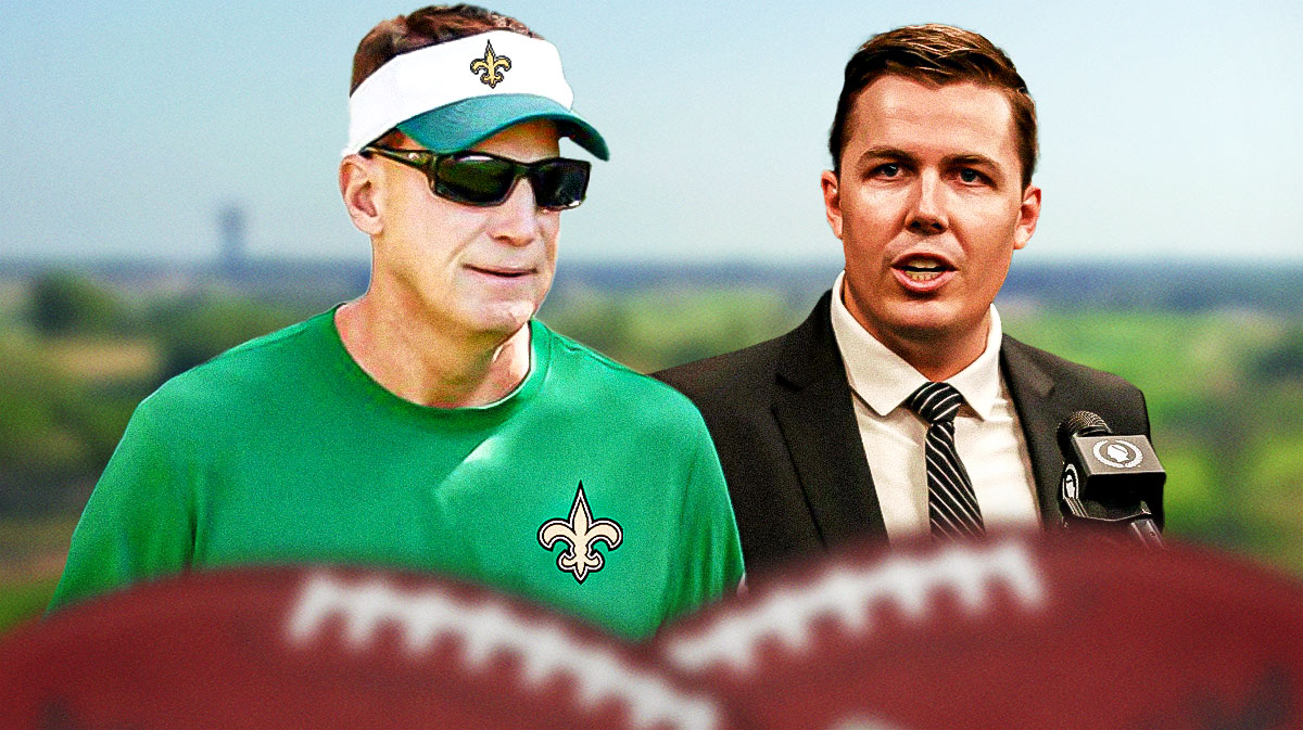 Eagles quarterbacks coach Doug Nussmeier in Saints gear, with Kellen Moore standing next to him in Saints gear.