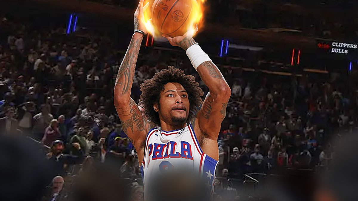 76ers' Kelly Oubre Jr shooting a ball on fire