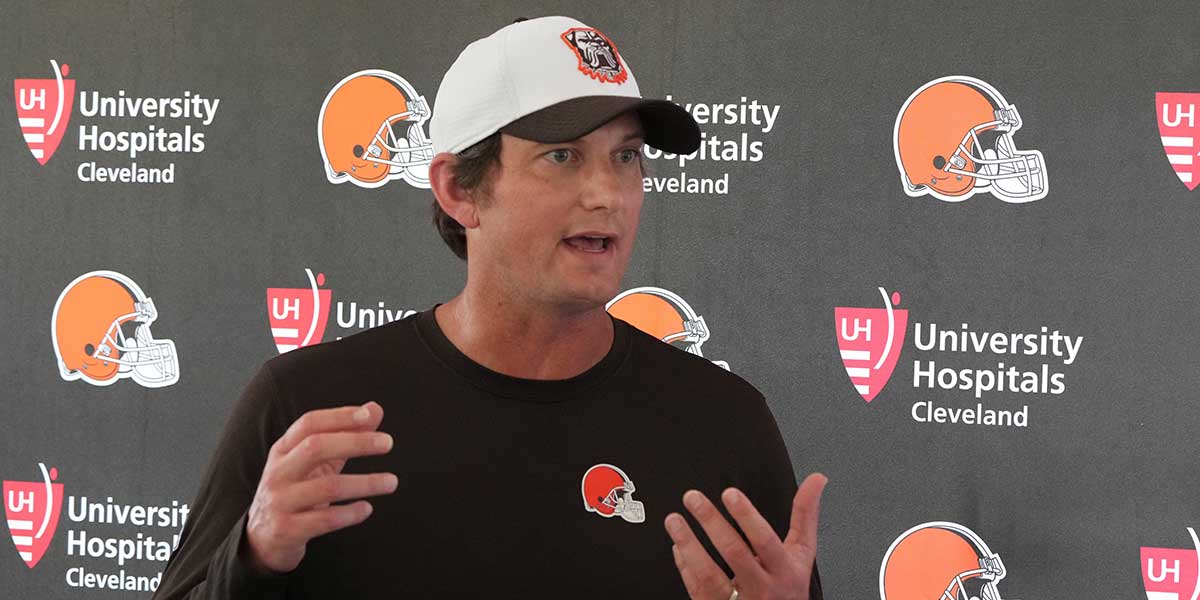 Cleveland Browns offensive coordinator Ken Dorsey during a press conference at the Browns training facility in Berea, Ohio