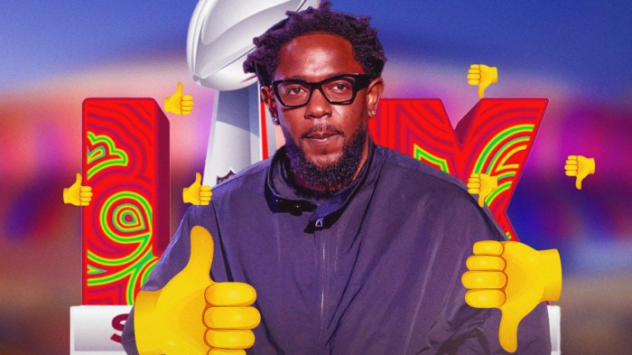 Kendrick Lamar (rapper) in middle of screen with Super Bowl LIX logo behind him. Multiple 👍 emojis on left side. Multiple 👎 emojis on right side. Background Caesars Superdome.