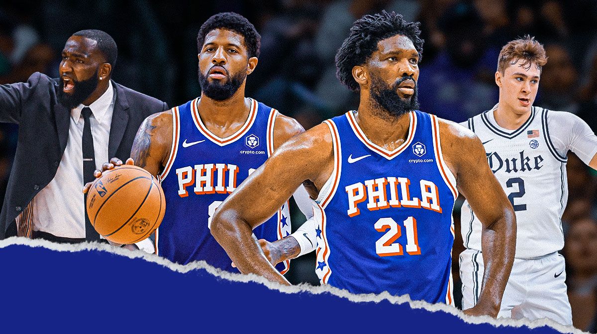 76ers' Joel Embiid, Paul George waving a white flag, with Kendrick Perkins and Cooper Flagg beside them