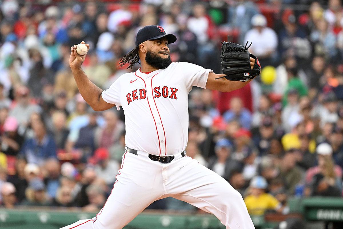 Boston Red Sox pitcher Kenley Jansen (74) pitches against the Minnesota Twins during the ninth inning at Fenway Park.