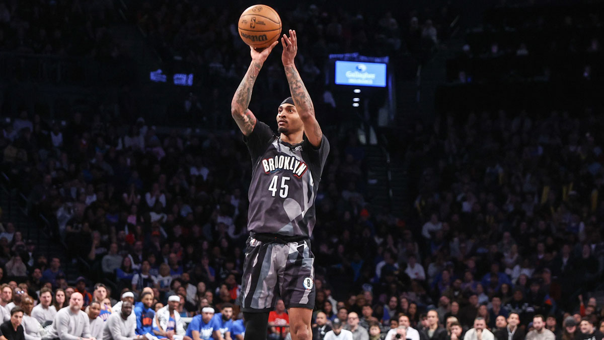 Brooklyn Nets guard Keon Johnson (45) takes a three point shot in the fourth quarter against the Oklahoma City Thunder at Barclays Center.