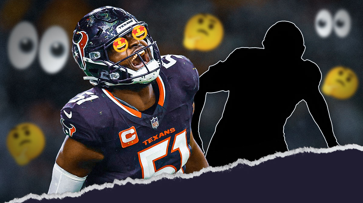 Texans EDGE Will Anderson with eyes like this: 🤩. Next to him is a SILHOUETTE of Packers OT Zach Tom. Multiple 👀 and 🤔 emojis in background. Background is NRG Stadium.