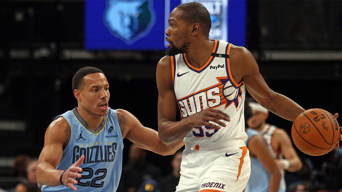 Phoenix Suns forward Kevin Durant (35) handles the ball as Memphis Grizzlies guard Desmond Bane (22) defends during the first quarter at FedExForum. 