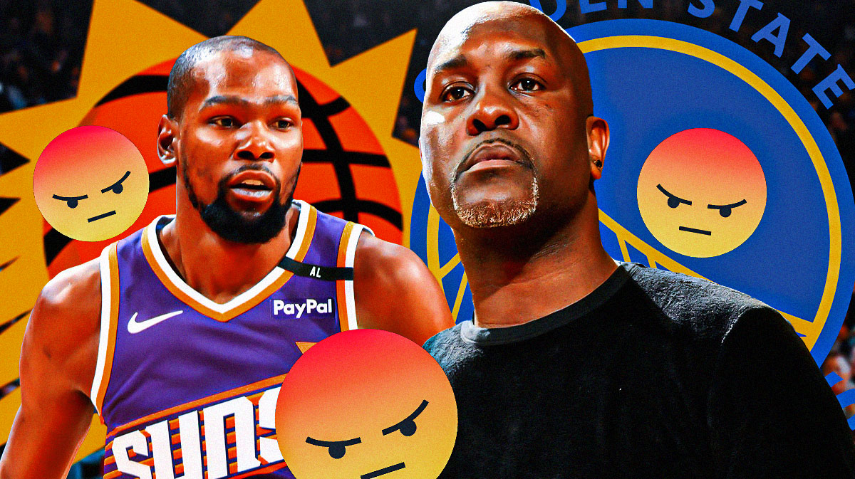 Kevin Durant and Gary Payton Sr. in the center, with the Suns and Warriors logos in the background and angry emojis all around.