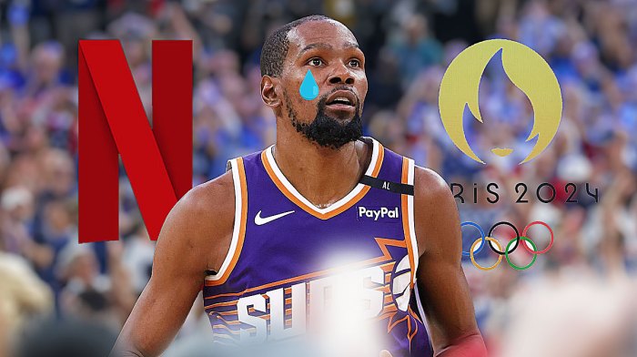 Kevin Durant with tears going down his face, with the 2024 Summer Olympics logo and the Netflix logo beside him.