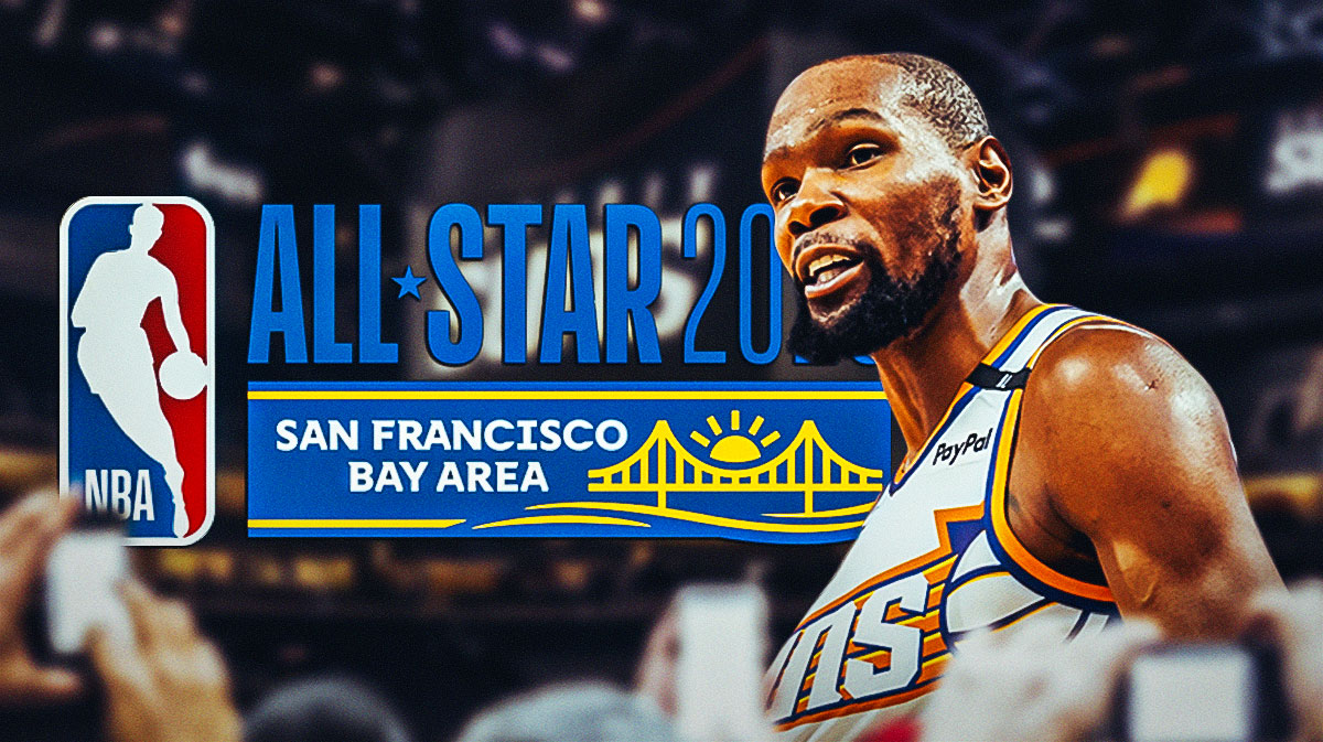 Suns forward Kevin Durant looking confused with the 2025 NBA All-Star Game Logo in the background.