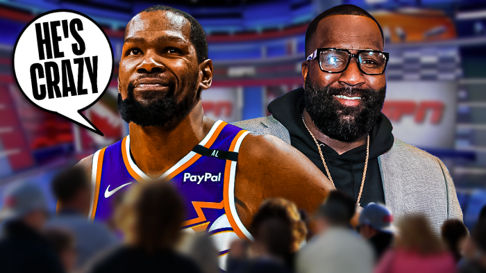 Kevin Durant with a thought bubble that says "He's crazy" while looking at Kendrick Perkins, speaking on an ESPN set
