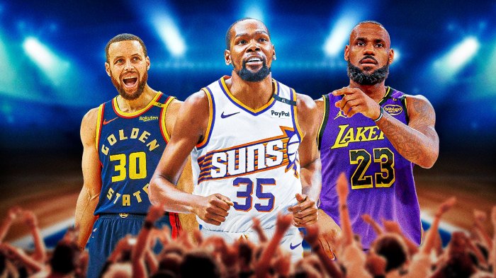 Photo: Kevin Durant in Suns jersey smiling at Stephen Curry, LeBron James