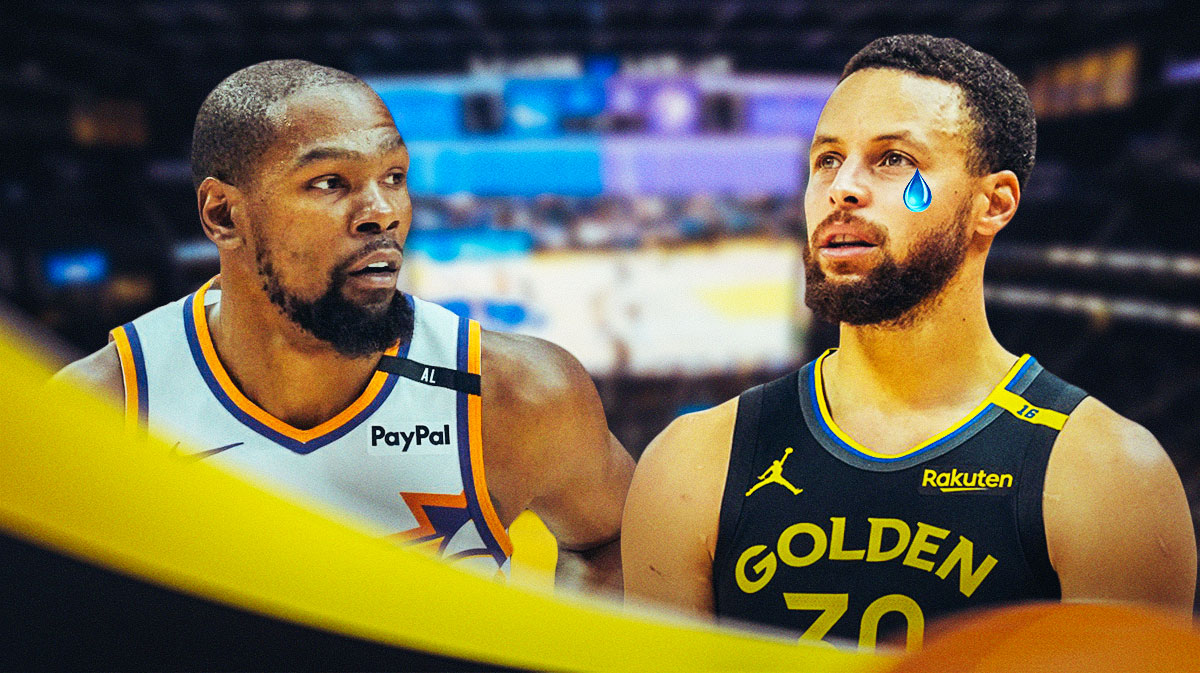 Suns' Kevin Durant next to Warriors' Stephen Curry with tear in eye