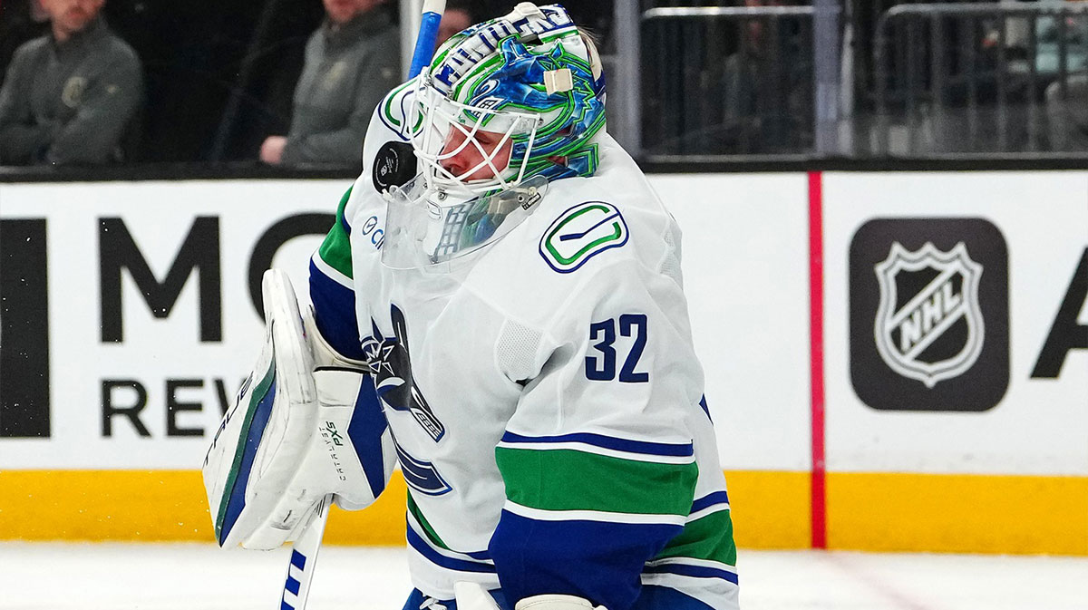 Vancouver Canucks goaltender Kevin Lankinen (32) makes a save against the Vegas Golden Knights during the second period at T-Mobile Arena.