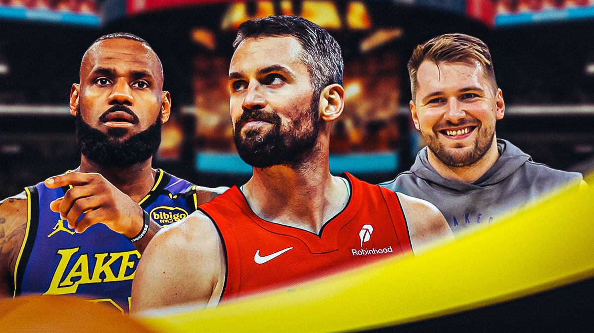 Heat Kevin Love (front, center) with Lakers LeBron James (left) and Lakers Luka Doncic (right) behind him