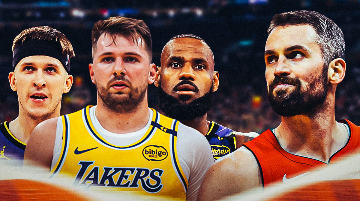 Heat veteran Kevin Love next to Lakers superstar LeBron James with Lakers superstar Luka Doncic and Lakers guard Austin Reaves in the background